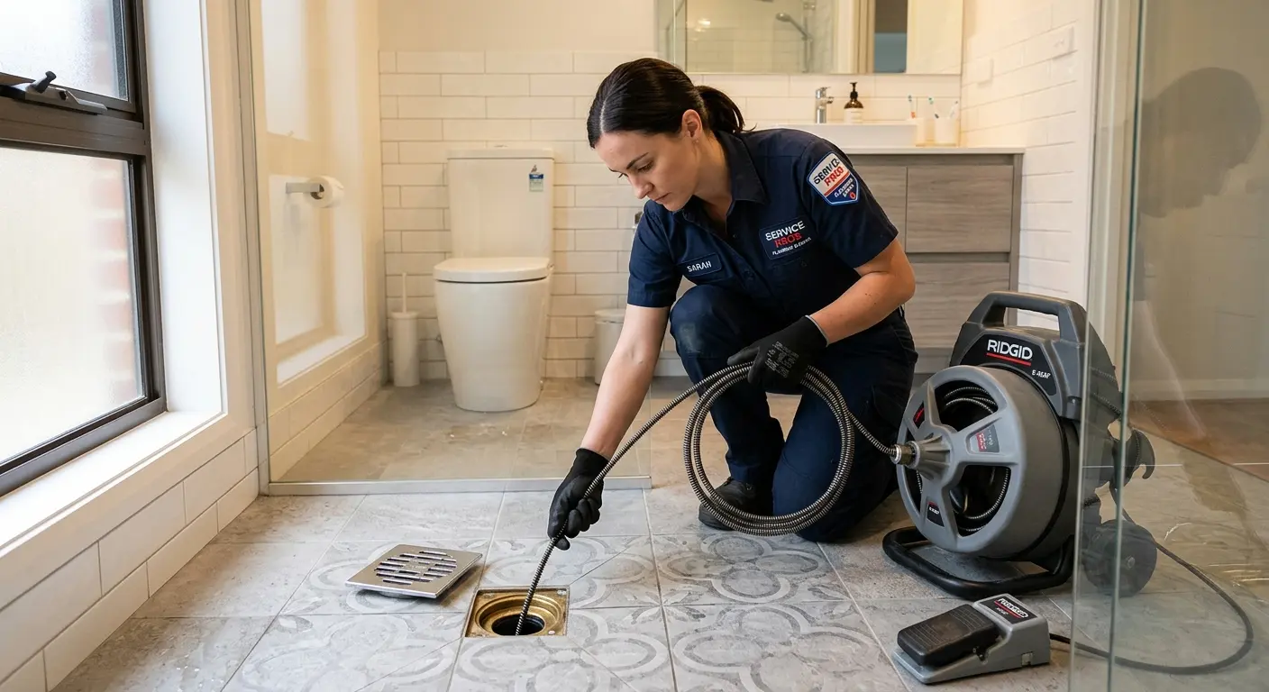 Technician clearing a bathroom floor drain for Sewer Line Installation in Somerset